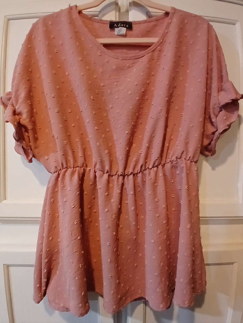 ADARA dusty Rose Babydoll Short Ruffle Sleeve Swiss Dot, Elastic Waist Top L